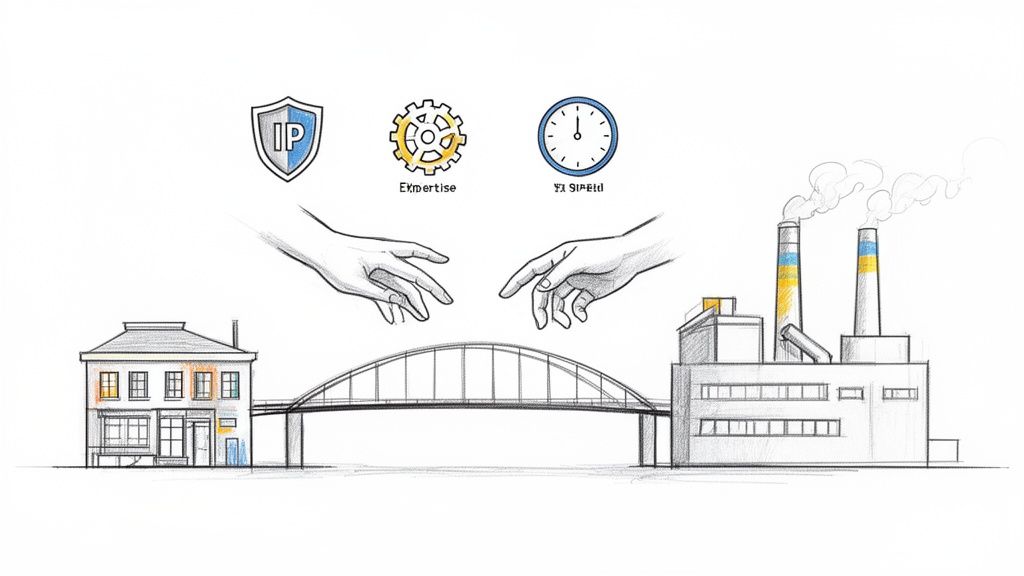 איור של גשר המחבר בניין משרדים למפעל, עם ידיים נשלחות, סמל קניין רוחני, גלגל שיניים ומומחיות.