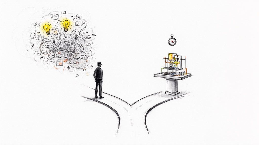 איש עומד בצומת דרכים בין רעיונות מבולגנים לבין מכונה מסודרת של בניית אב טיפוס וזמן.