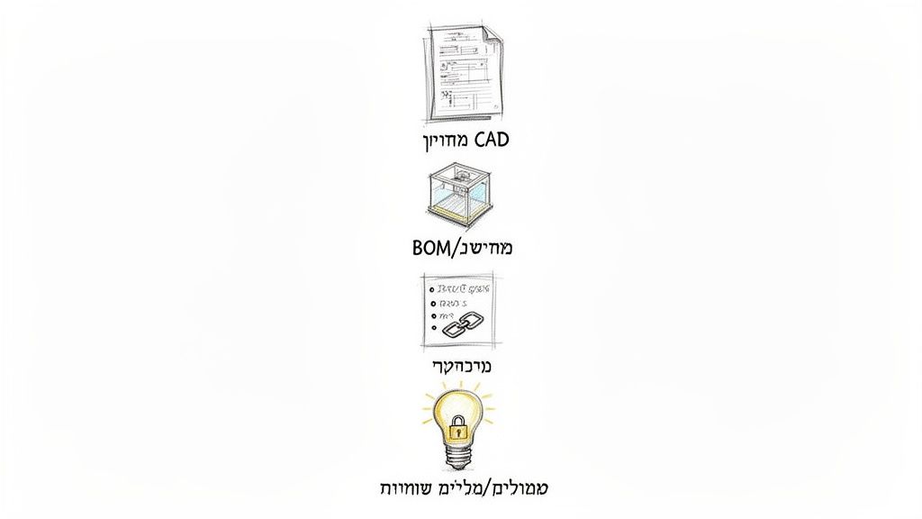 איור המציג תהליך זרימת מידע ממסמכי CAD ובכללם BOM, דרך רכש ועד רעיונות מוגנים.