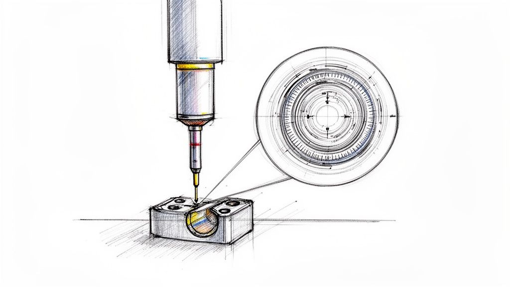 מכשיר מדידה דיגיטלי בוחן במדויק רכיב מתכתי, עם תקריב של תצוגת מדידה עגולה.