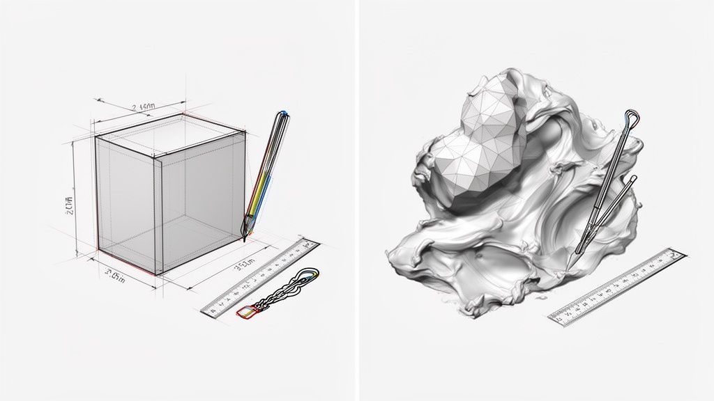 איורים של מודלים תלת מימדיים: קובייה עם מידות וכלי עיצוב דיגיטלי, מול צורה אורגנית מורכבת עם כלי פיסול וסרגל.