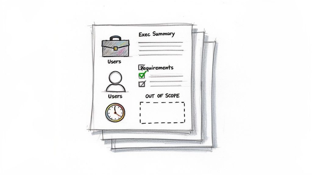 איור של מסמך סיכום מנהלים הכולל סעיפים למשתמשים, דרישות ותחום עבודה, מלווה באיורים של תיק, אדם ושעון.