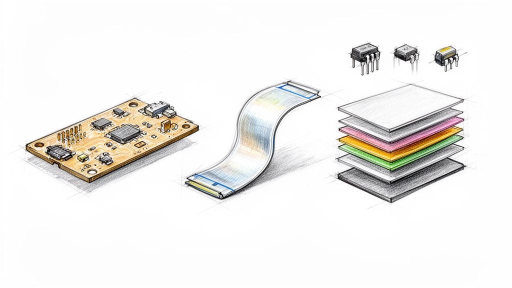 איור של רכיבים אלקטרוניים, כולל מעגל מודפס, כבל גמיש, שבבים ושכבות חומרים שונות.