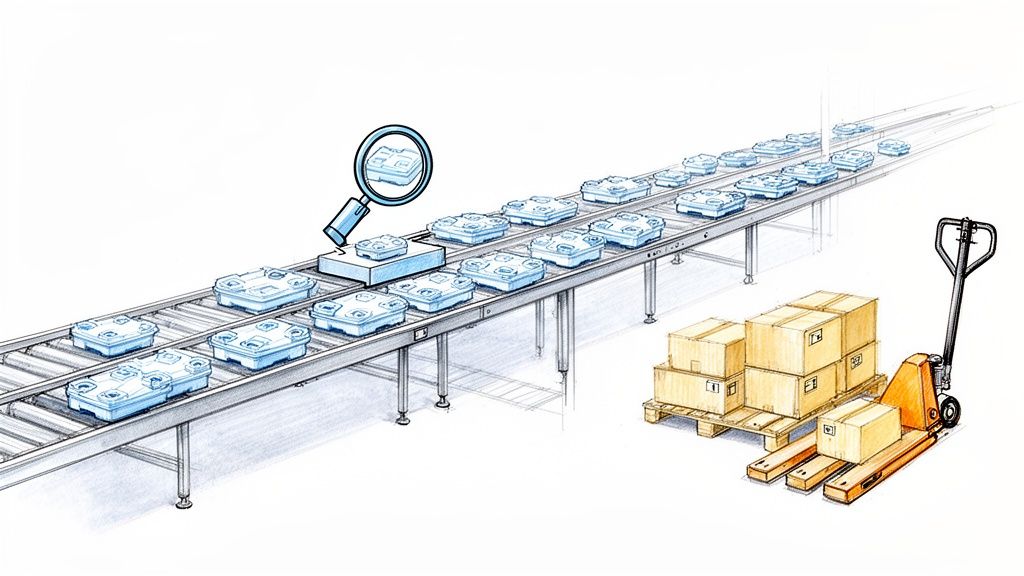 קו ייצור תעשייתי עם מיכלים כחולים בבדיקת איכות, ומלגזה ידנית עם ארגזים.