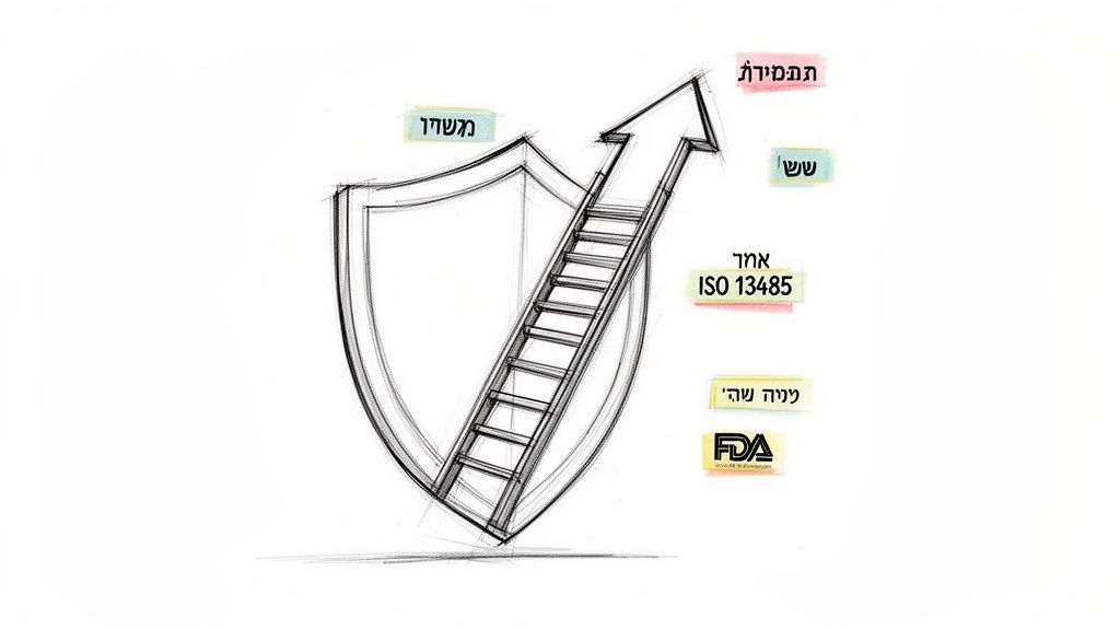 איור של מגן וסולם המטפס כלפי מעלה לחץ, עם כיתובים בעברית, ISO 13485 ולוגו FDA.