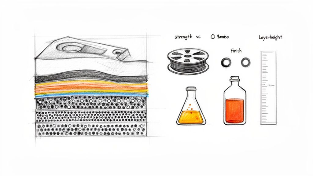 איור של הדפסת תלת מימד: מבנה פנימי, חומרים, סליל פילמנט, גימור וגובה שכבה.