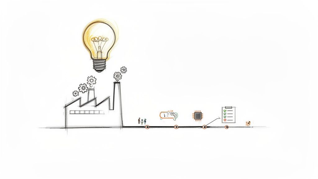 איור סקיצה של נורה מעל מפעל וציר זמן המציג שלבי ייצור מוצר כולל תכנון ובקרת איכות.