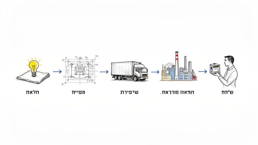 איור המתאר את שלבי פיתוח מוצר או סטארט אפ: מרעיון, תכנון, ייצור, שילוח ושימוש.
