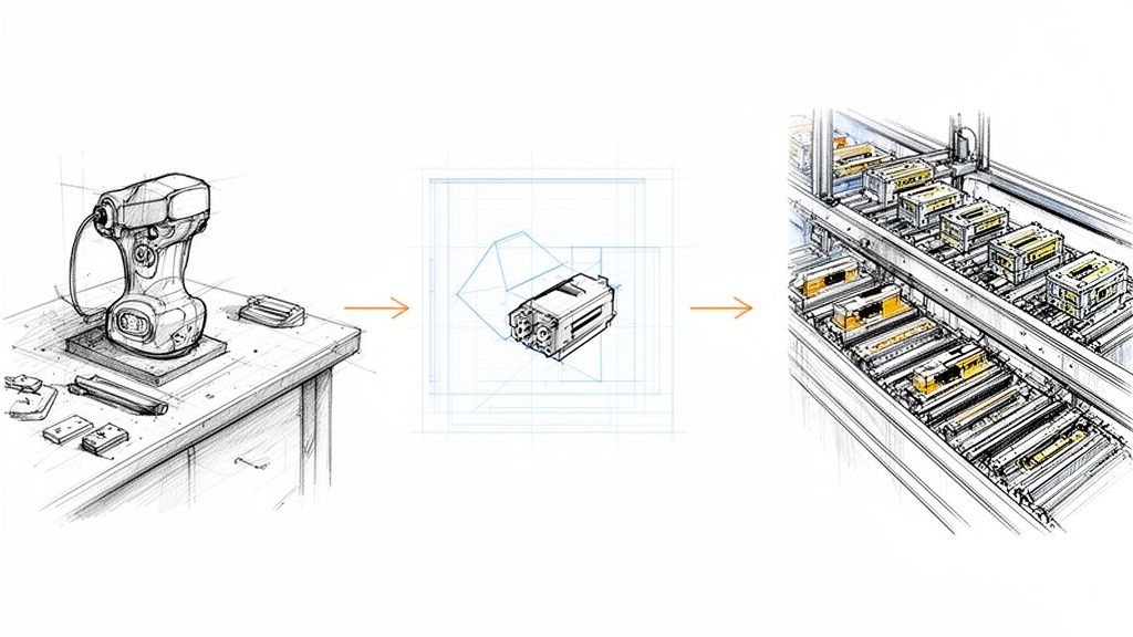 איור המתאר תהליך מפיתוח אב טיפוס באמצעות סריקה תלת-ממדית, דרך תכנון, ועד ייצור המוני בפס ייצור.