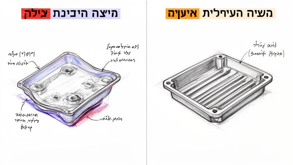 שני שרטוטי עיצוב של תבניות פלסטיק, מציגים היבטי ייצור שונים ורמות מורכבות בעיצוב.