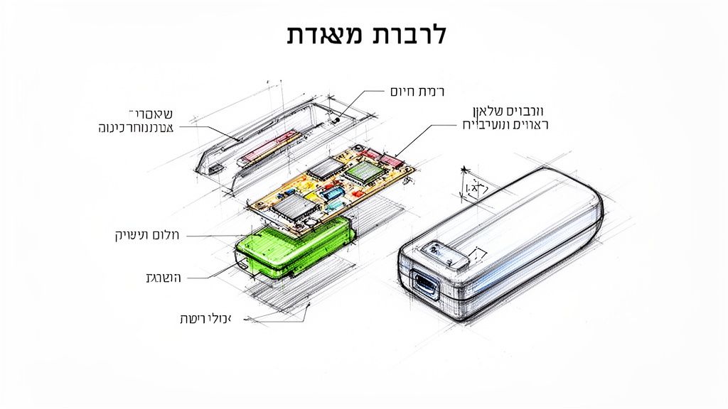 איור טכני מפורט של מכשיר אלקטרוני, מציג פירוק רכיבים פנימיים כמו מעגל חשמלי וסוללה, ועיצוב מוצר.