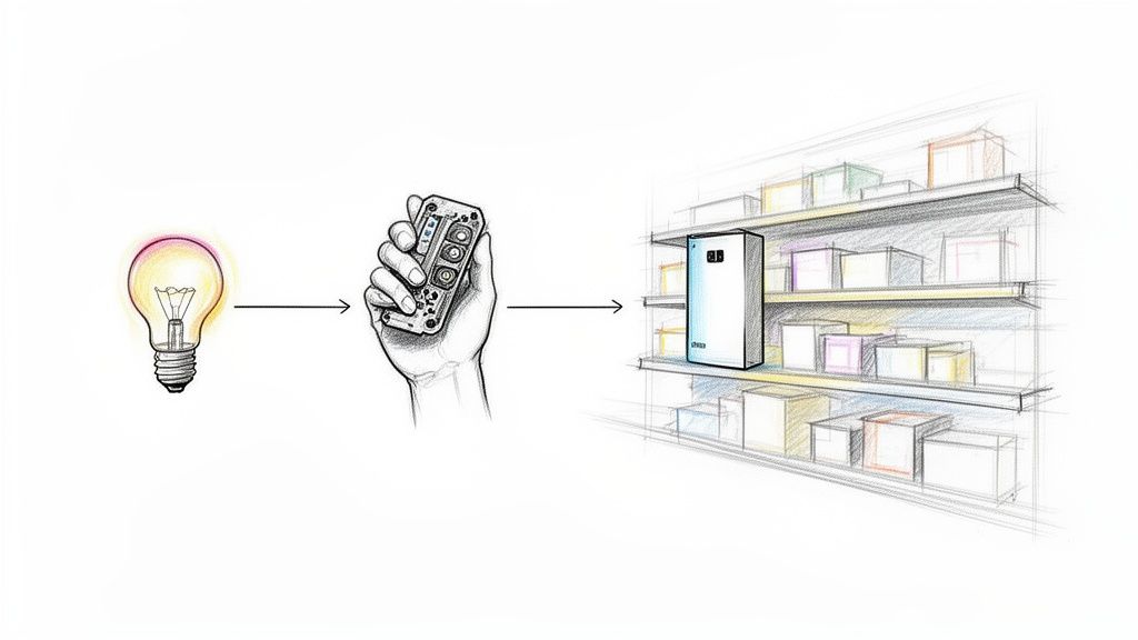 תרשים זרימה של רעיון (נורה) ההופך למוצר או נתונים (מכשיר) המאוחסנים על מדפים.