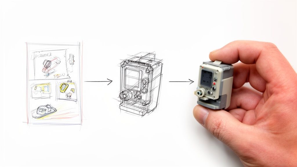 התפתחות מוצר מסקיצות ראשוניות, דרך שרטוט טכני מפורט, ועד לאב טיפוס פיזי המוחזק ביד.