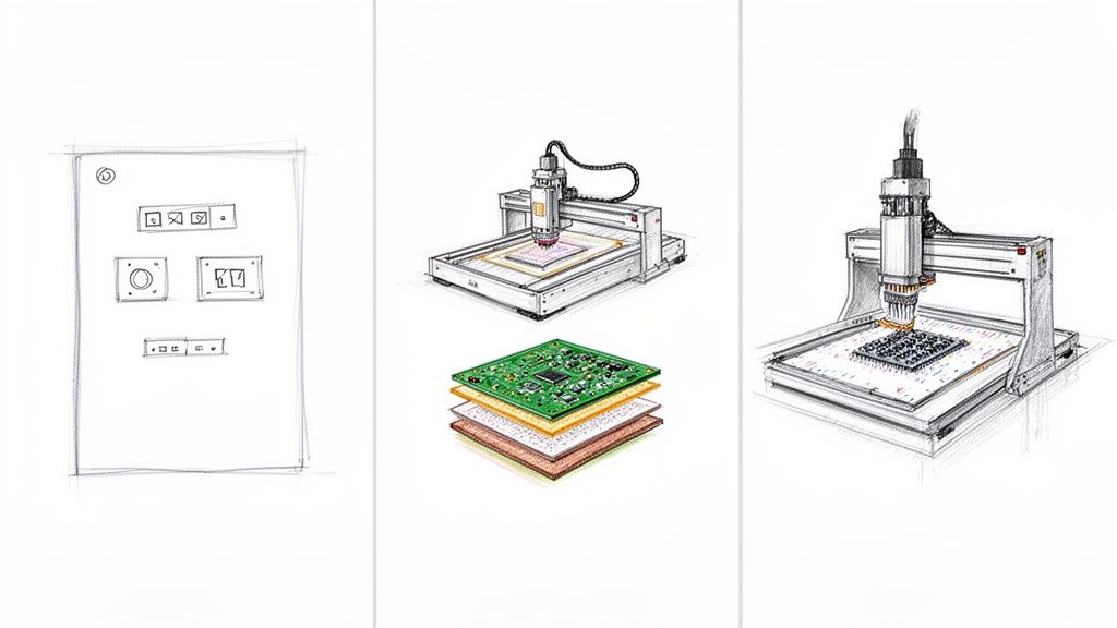 איור המתאר תהליך ייצור מעגלים מודפסים, מתכנון ועד הרכבת רכיבים אלקטרוניים באמצעות מכונה.