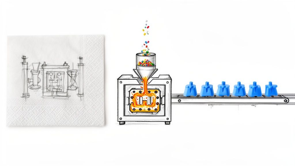 איור המראה את תהליך הזרקת פלסטיק, מסקיצה על מפית, דרך מכונה המותכת גרגרים צבעוניים לפלסטיק כחול מוגמר על פס ייצור.