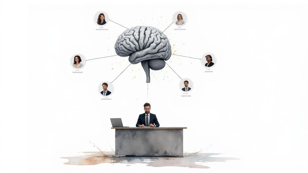 A man at a desk, linked to a central brain diagram, which connects to six team member profiles.