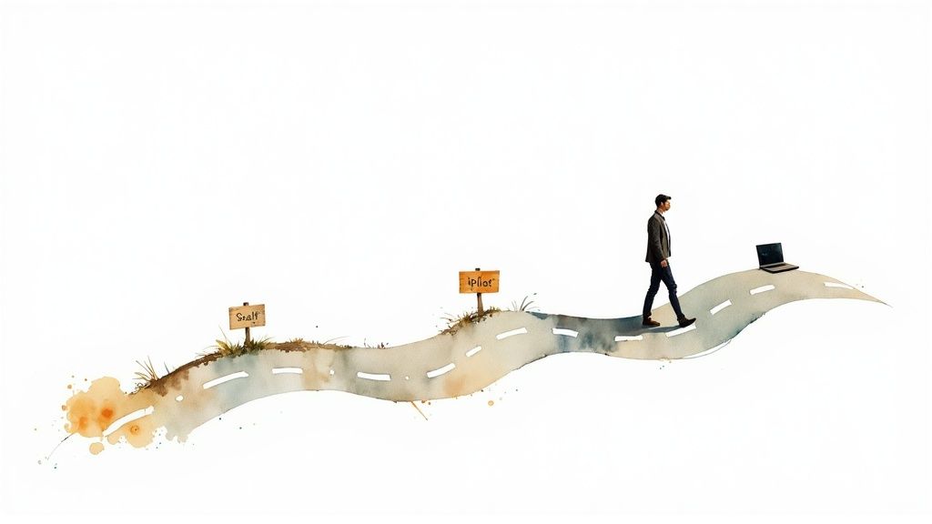 A team collaborating around a whiteboard with sticky notes, creating a roadmap.