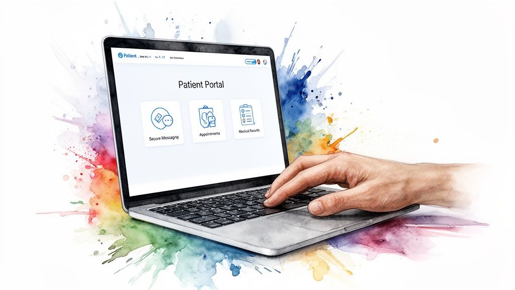 A hand using a laptop displays a patient portal for secure messaging, appointments, and medical records.