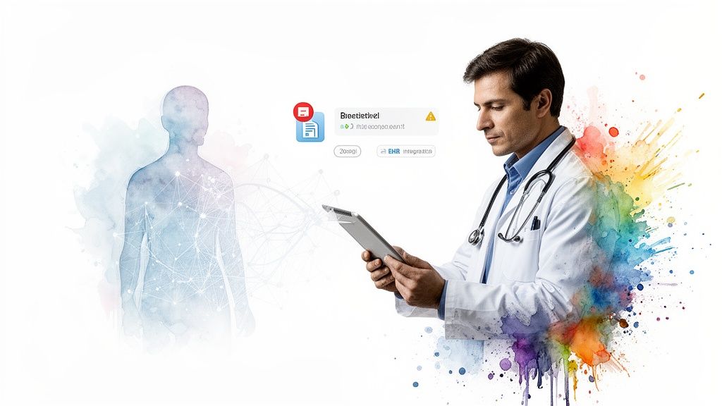 Doctor reviews patient data on a tablet, with a digital human silhouette and EHR interface.