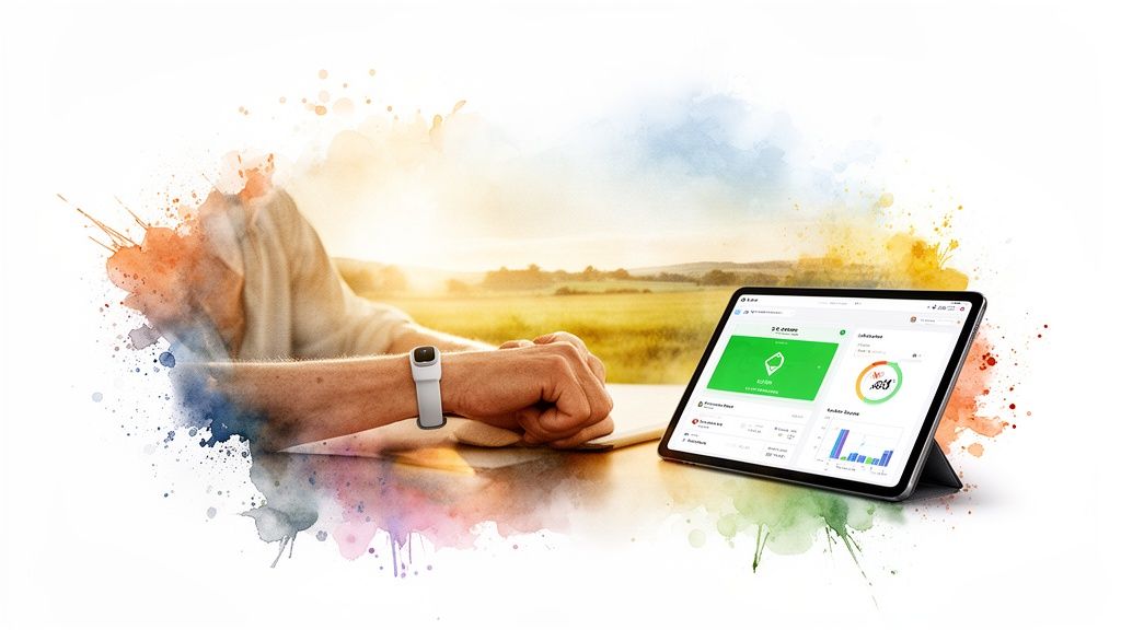 Person's arm with a smartwatch interacting with a tablet displaying digital health data outdoors.