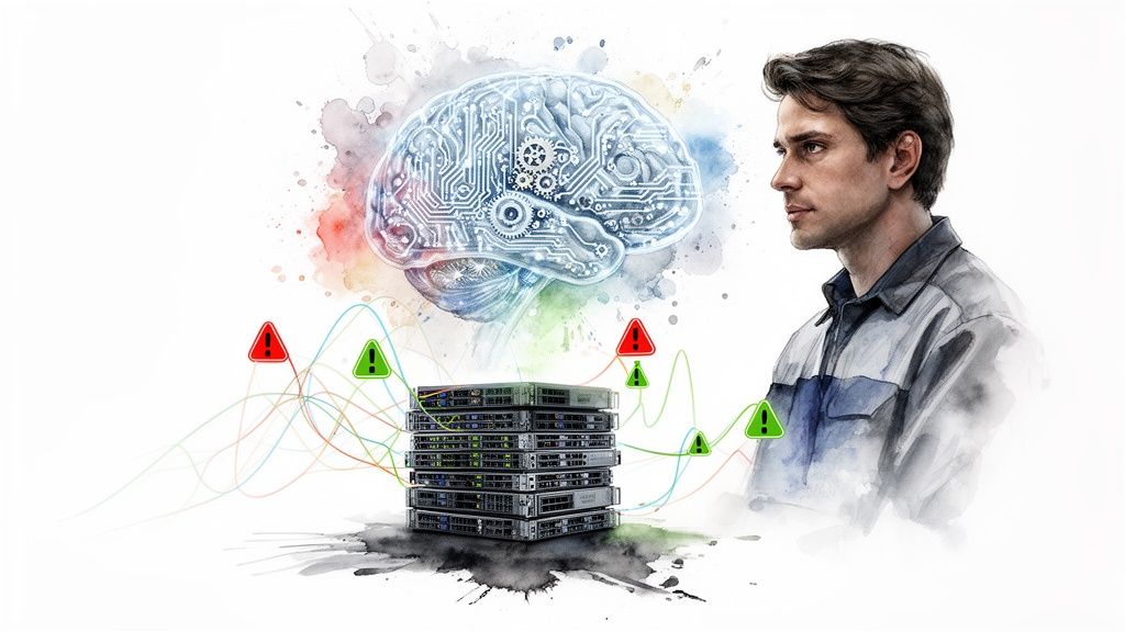 AI brain monitors server performance, a man observes data streams and red/green alerts.