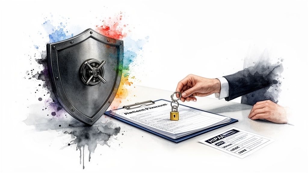 Metallic shield with safe dial and a hand holding a padlock over healthcare data compliance documents, symbolizing robust security.