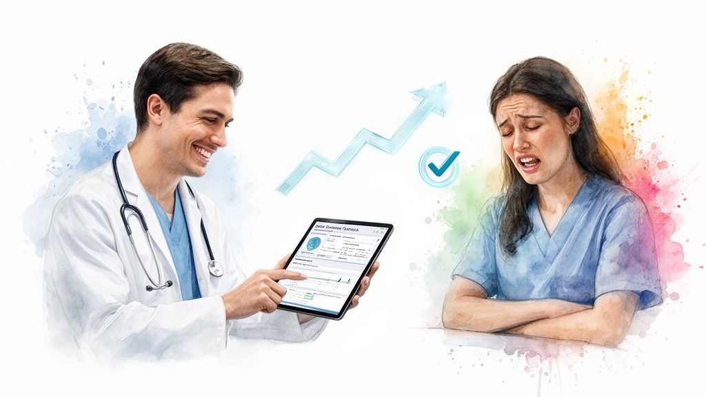 A smiling doctor shows positive online payment data on a tablet to a distressed nurse, implying improved systems.