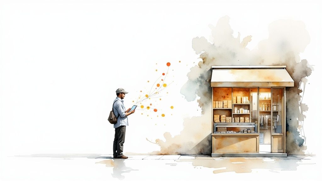 AI and Ecommerce - Watercolor illustration of customer using mobile app to browse modern digital retail storefront. 
