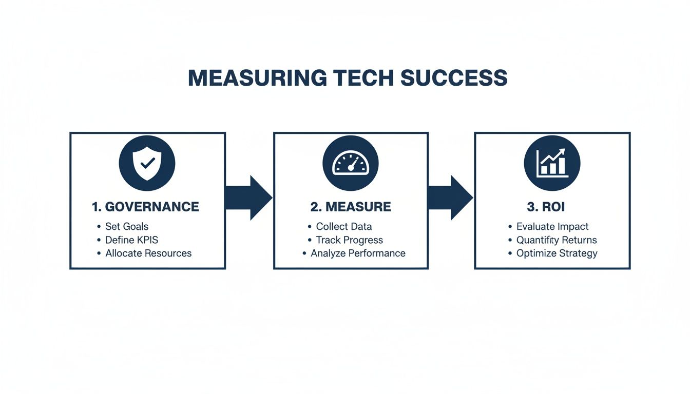 Infographic illustrating the three steps for measuring technology success: Governance, Measure, and ROI with details.