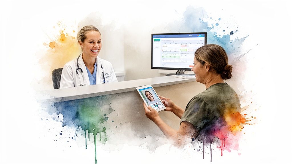 A smiling healthcare professional and patient interacting at a reception desk with a tablet.