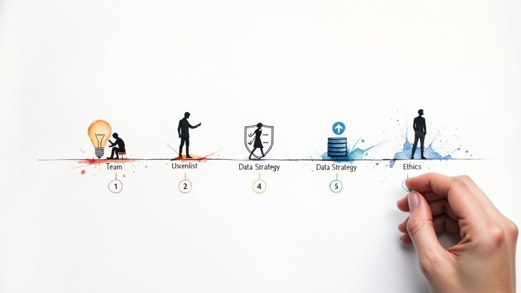 Visual timeline illustrating stages of data strategy development from team ideas to ethics.