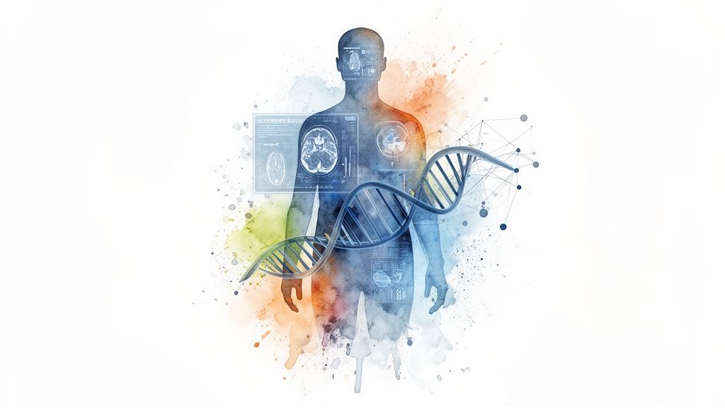 AI-powered human body analysis with DNA helix, medical scans, and data visualization.