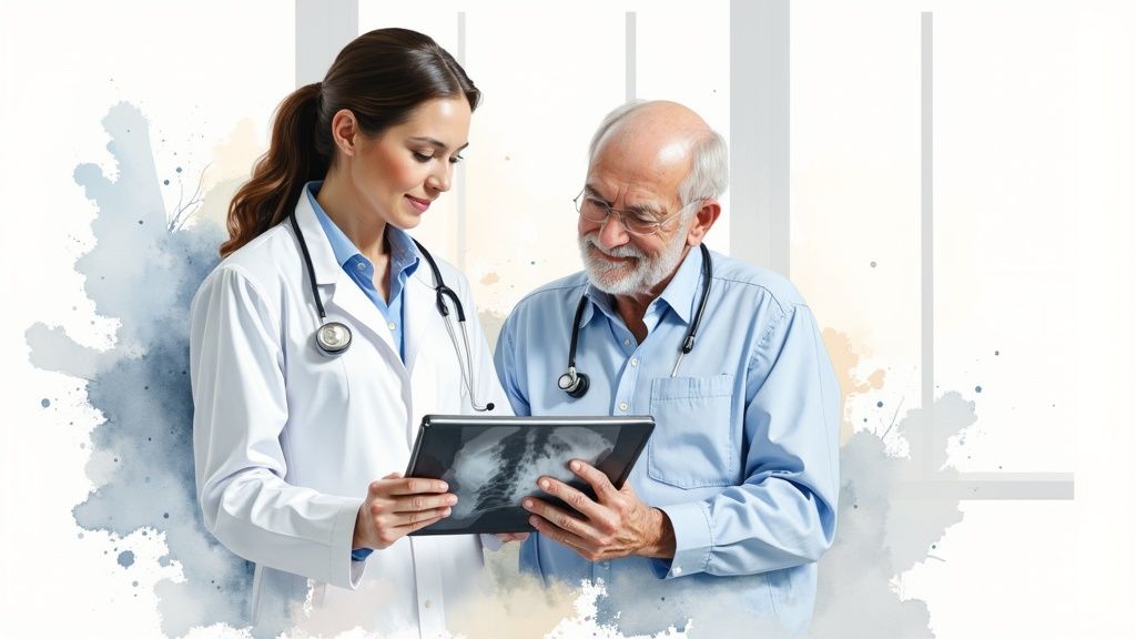 Doctor reviewing medical data on a tablet with AI overlays