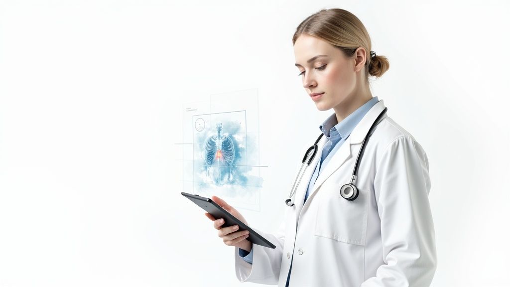 A medical professional using a futuristic AI interface to analyze patient data