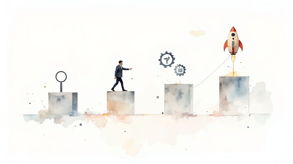 Watercolor illustration of a man's journey, progressing from search and problem-solving to a successful rocket launch.