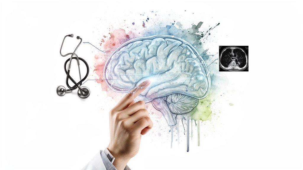 A watercolor illustration of a human brain with a hand touching it, alongside a stethoscope and a medical scan, symbolizing healthcare analytics.