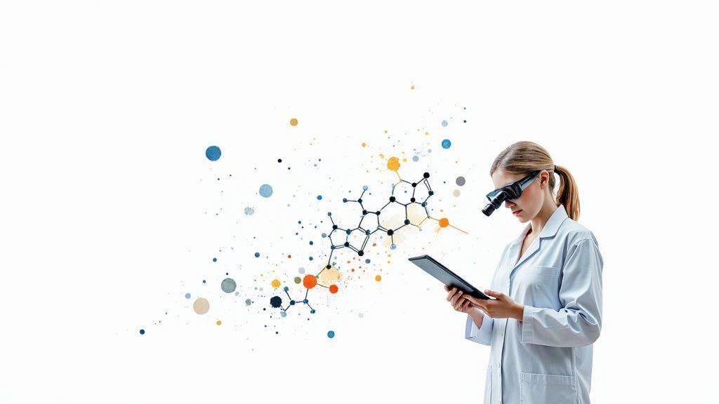 Scientists in a lab looking at molecular structures on a screen, representing AI's role in drug discovery.