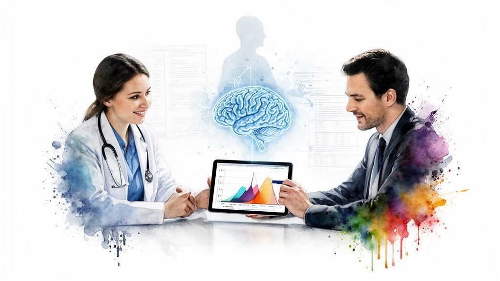 A doctor and a businessman reviewing a tablet displaying charts, with a brain illustration.