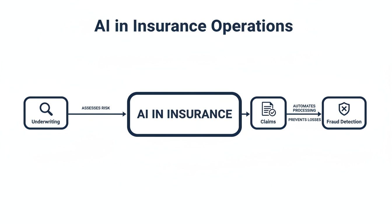 Flowchart illustrating how AI enhances insurance operations, from underwriting and risk assessment to claims processing and fraud detection.