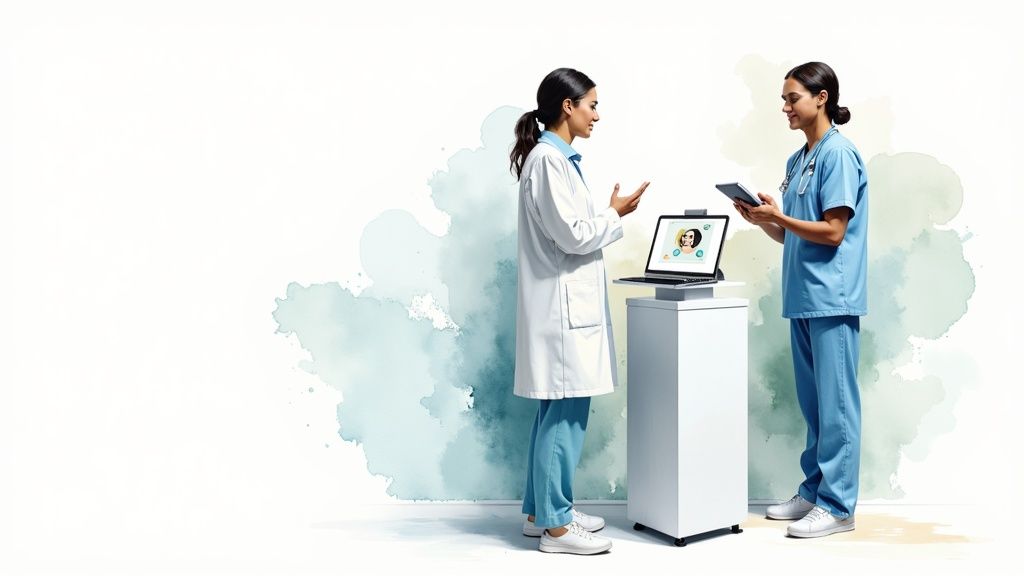 Unlocking Your AI Healthcare Chatbot System - Two healthcare professionals, one in scrubs and one in a lab coat, using a laptop and tablet.