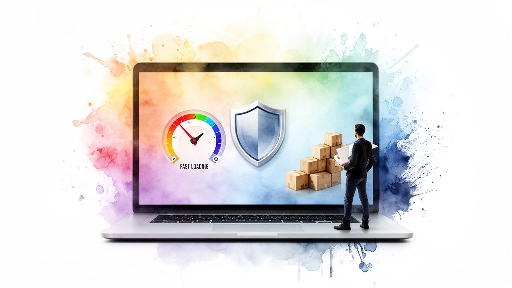 Laptop displaying fast loading, a security shield, and boxes, with a man handling logistics.