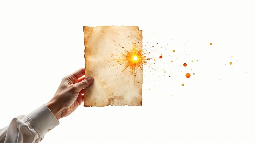 AI in Insurance Industry - Hand holding aged parchment with glowing burst symbolizing digital transformation and innovation