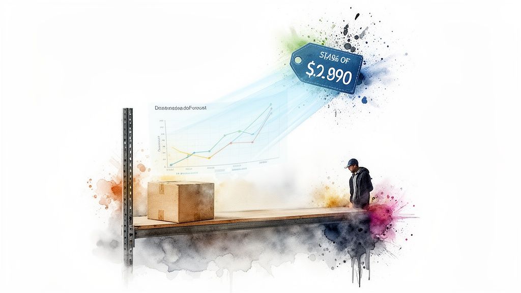 Man examining a package on a shelf, with an AI forecast and price tag glowing.