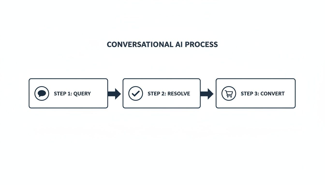 Flowchart illustrating the three-step conversational AI process from query to resolve and convert.