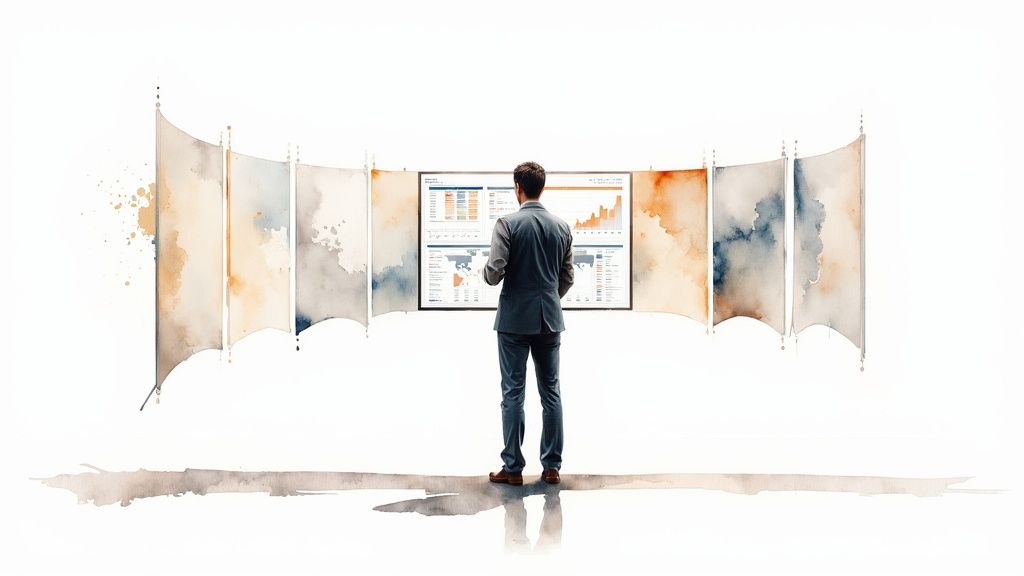 A businessman analyzes complex data and charts on a large screen, surrounded by artistic watercolor panels.