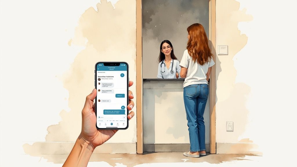 A hand holds a smartphone showing a healthcare AI chatbot, with a patient and doctor in background.