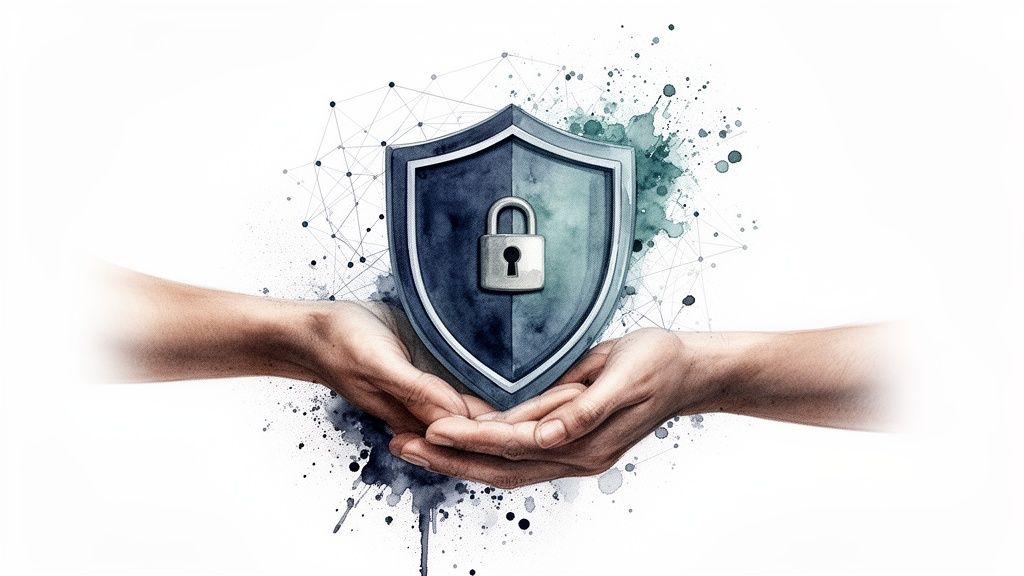 Two hands hold a blue shield with a padlock, symbolizing digital security and data protection with abstract connections.