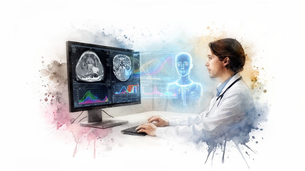 A doctor analyzes brain scans and holographic patient data on a screen, showcasing healthcare IT solutions.