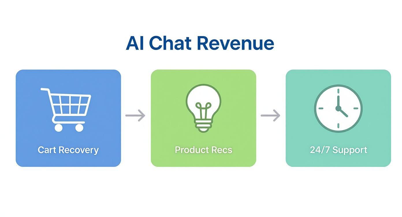 Infographic showing the process flow of how AI chat generates revenue through cart recovery, product recommendations, and 24/7 support.