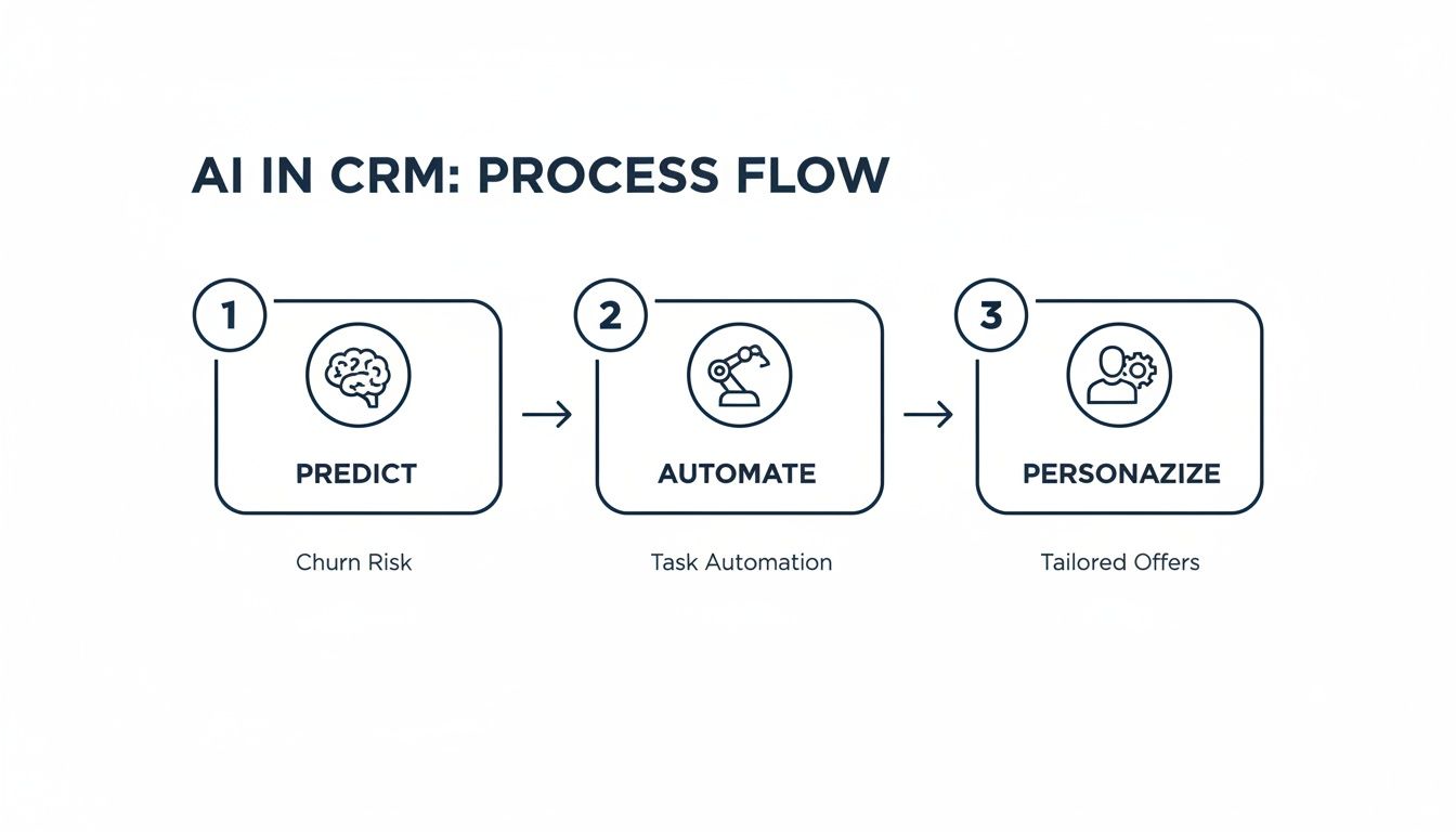 A process flow diagram illustrating AI in CRM, detailing steps to predict, automate, and personalize customer interactions.